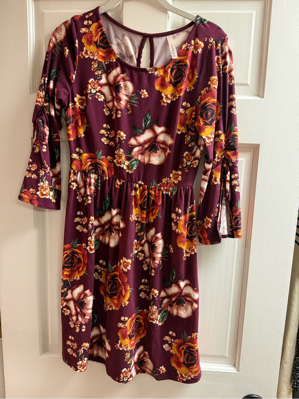 Gill Floral Burgundy Swing Dress with Flared Sleeves & Key Hole Back - Small